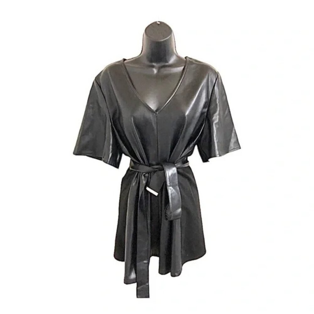 Marc New York vegan faux leather black belt tunic dress mini top blouse